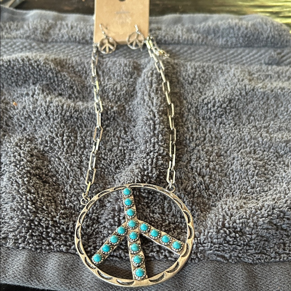 Silver Peace Sign Necklace with Turquoise Accents